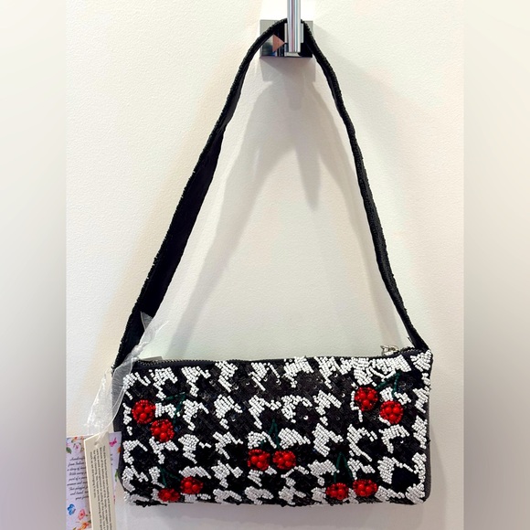 NWT Viral black and white houndstooth cherry pattern beaded baguette bag - Picture 3 of 16